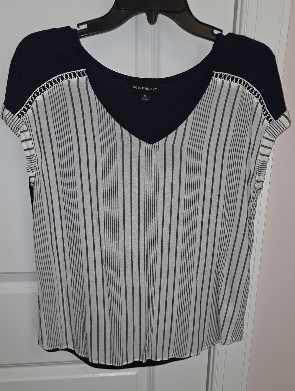 Fortune + Ivy Navy White Striped Mixed Media Crochet Top Size M